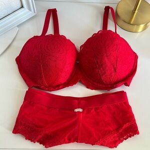 Victoria Secret VS Pink Red Lace Bra & Panty Set / EUC 36D & XL Cheeky Bottoms